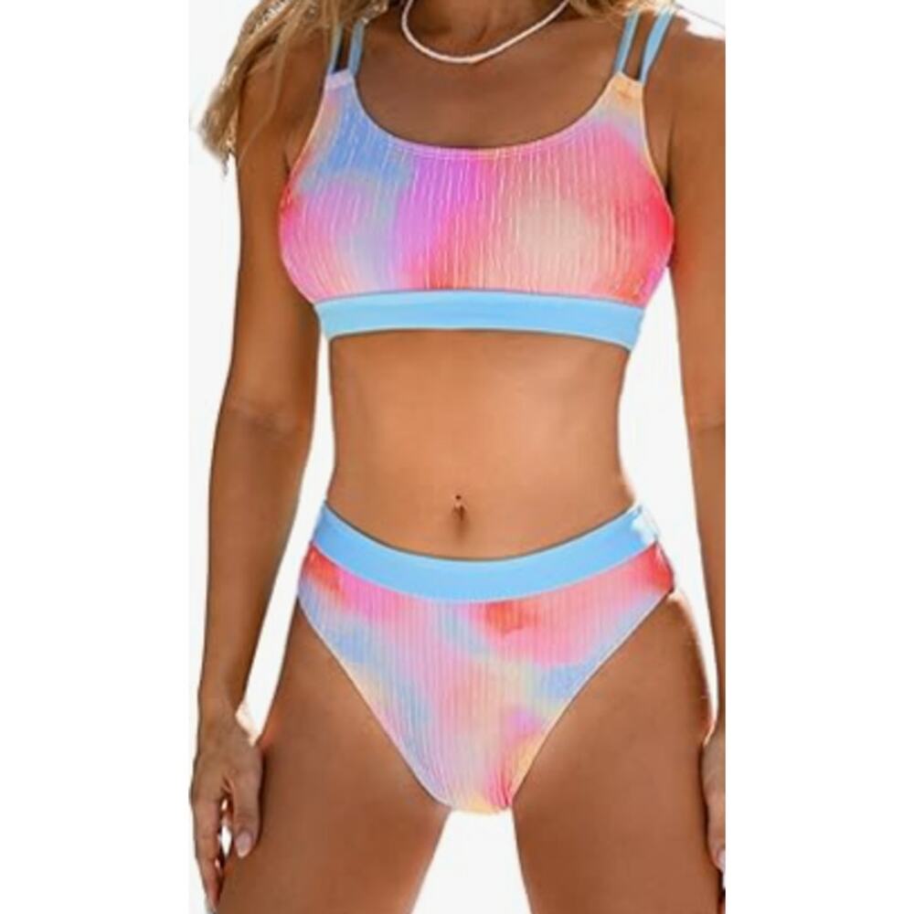 CUPSHE Women's L Two Piece Swimsuit U-Neck Rainbow Bright Colors G25-26